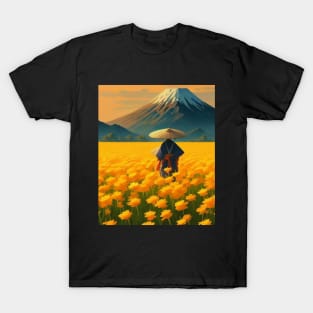 Journey To Mount Fuji - Samurai and Wildflower Impressionism T-Shirt